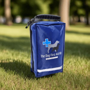 Our Mini Dog First Aid Kit, in a park, on grass