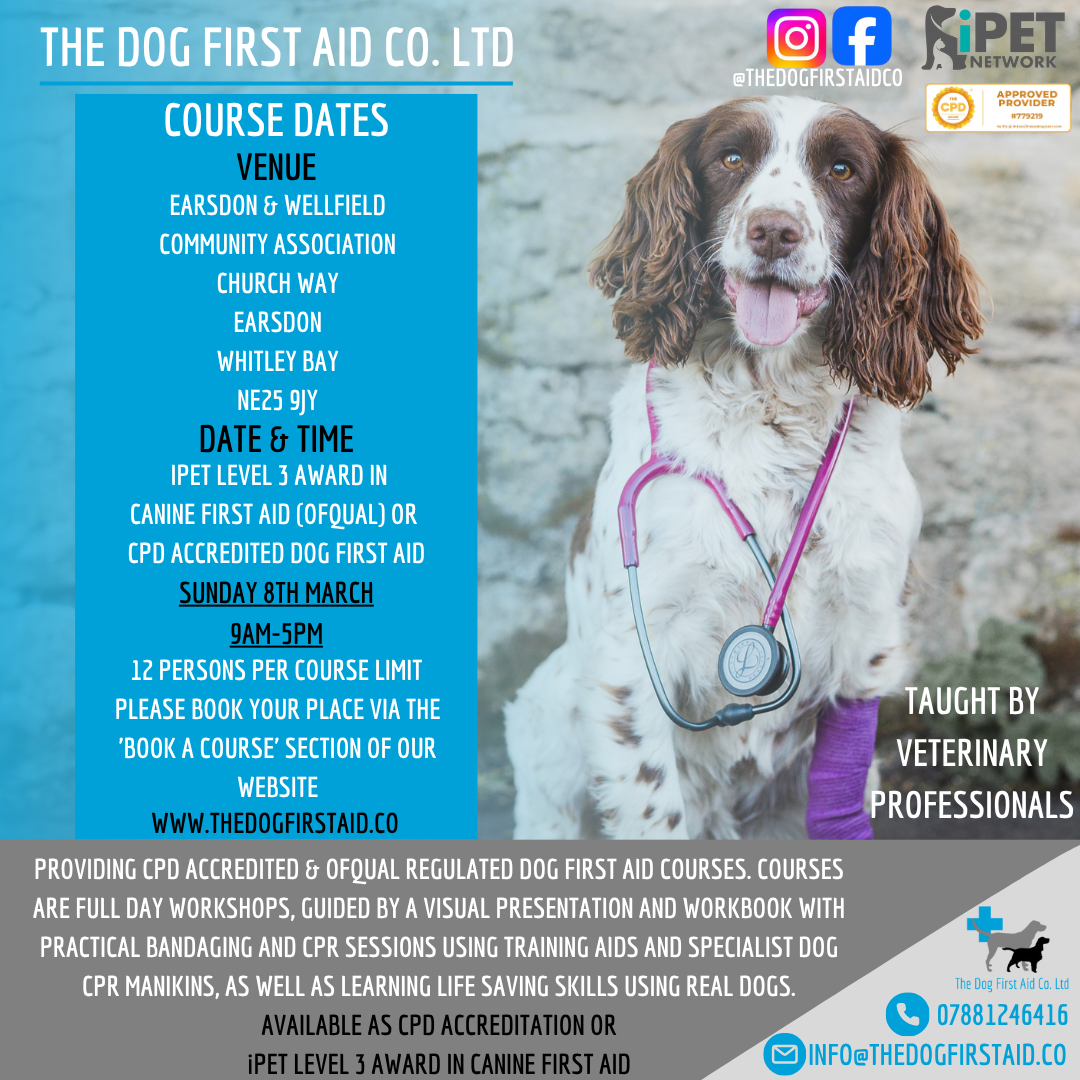 Dog First Aid Course - Sunday 8th March 2026 9am-5pm (Venue: Earsdon, Whitley Bay NE25)
