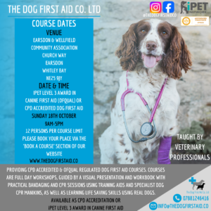 Dog First Aid Course - Sunday 18th October 2026 9am-5pm (NE25)